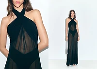 Long semi-transparent dress with crossed neckline