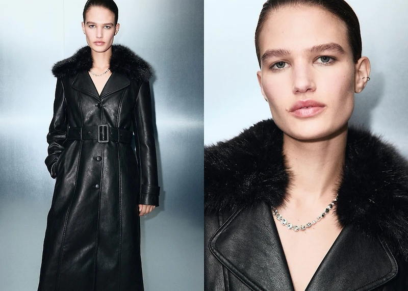 Faux-leather coat with fur collar