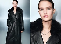 Faux-leather coat with fur collar