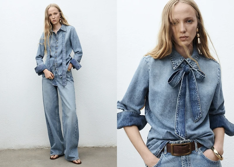 Denim shirt with bow
