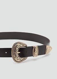 Engraved buckle leather belt