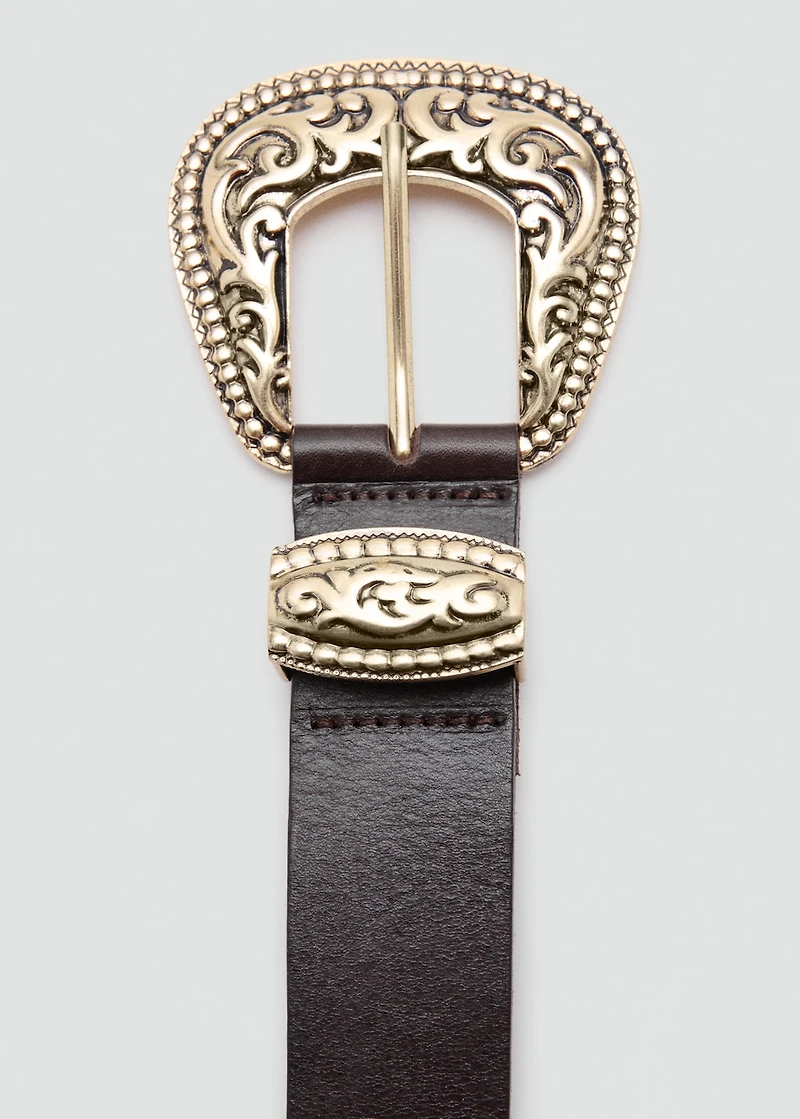 Engraved buckle leather belt