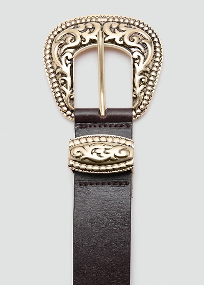 Engraved buckle leather belt