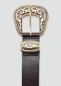 Engraved buckle leather belt