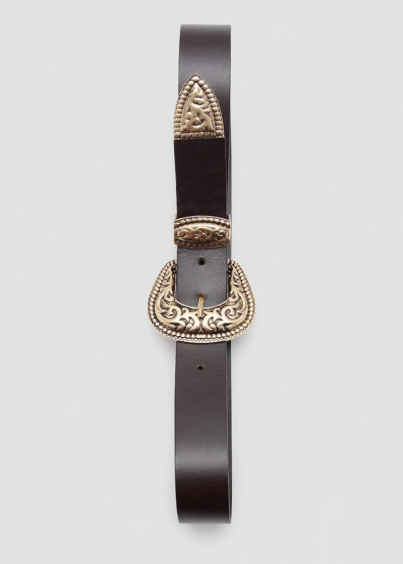 Engraved buckle leather belt