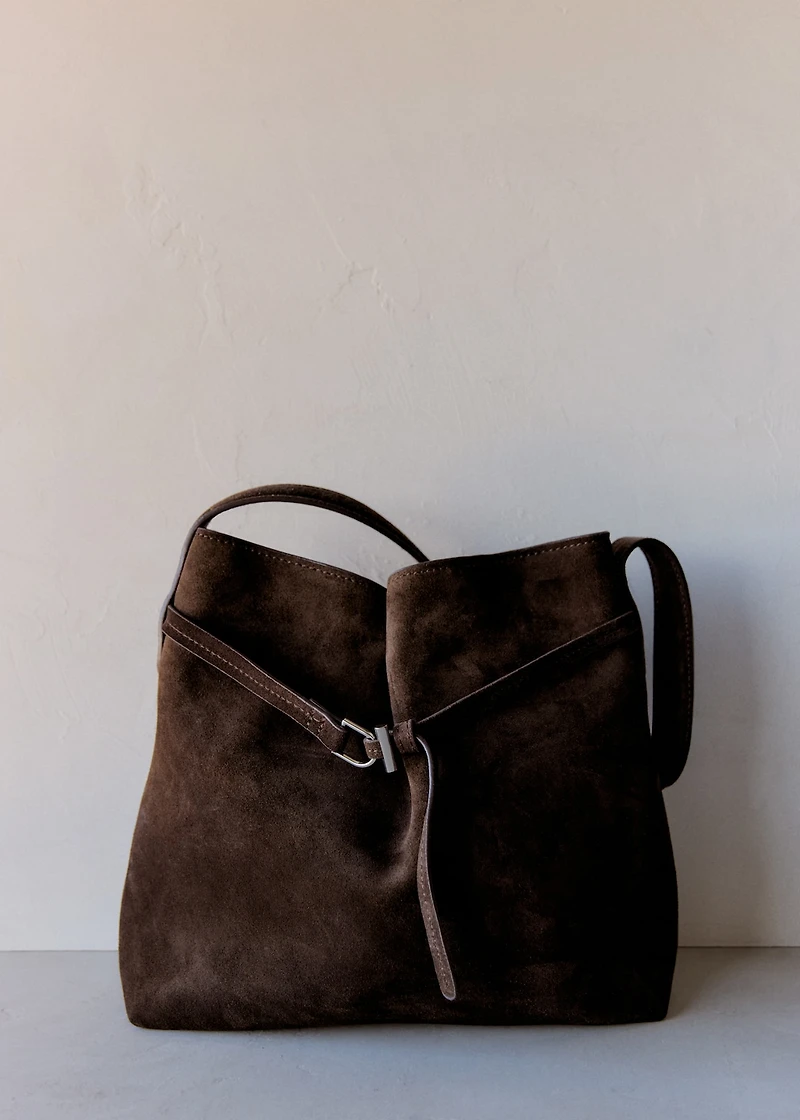Suede bucket bag with buckle