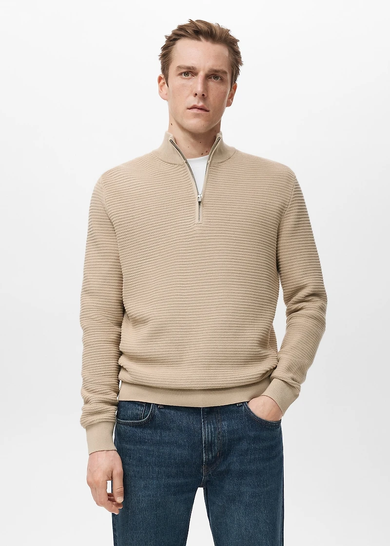 Cotton sweater with neck zip