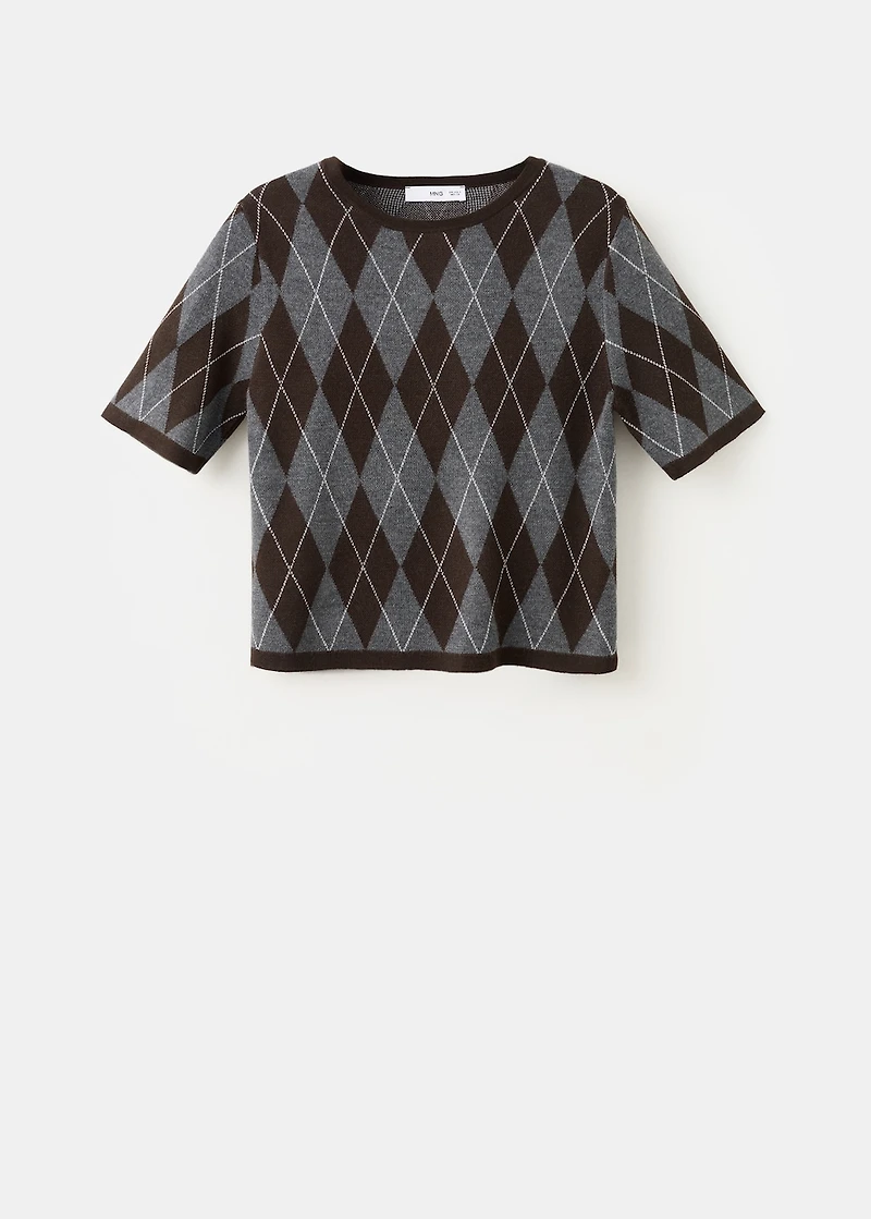 Short-sleeved argyle sweater