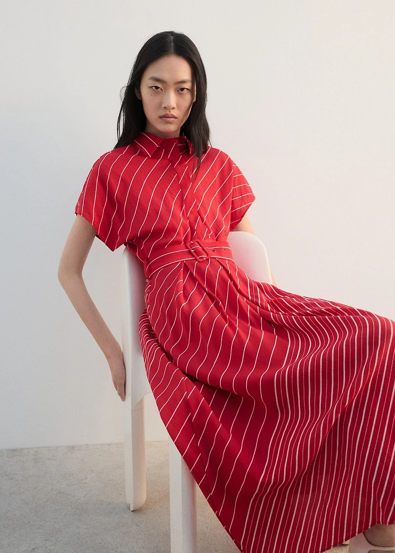 Belted striped shirt dress