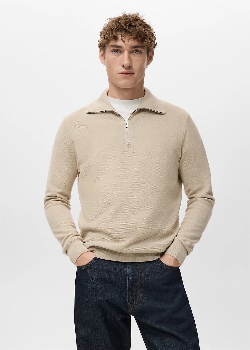 Microstructure sweater with zipper collar