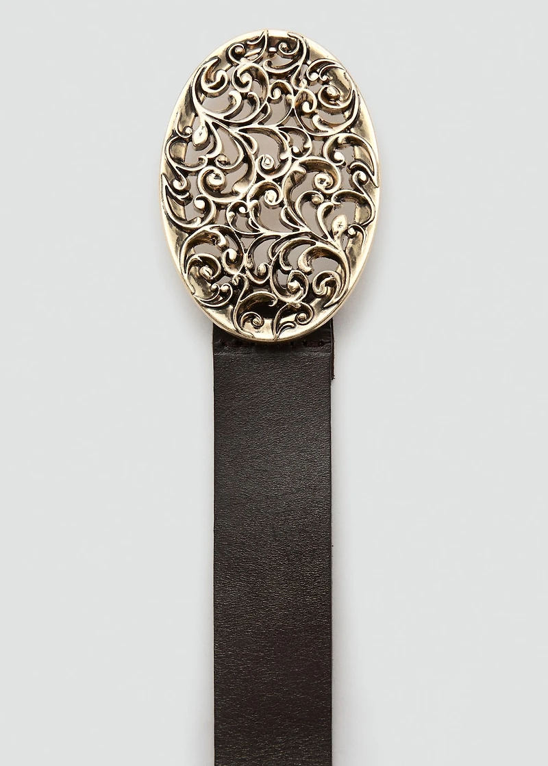 Engraved buckle leather belt