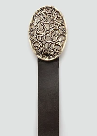 Engraved buckle leather belt