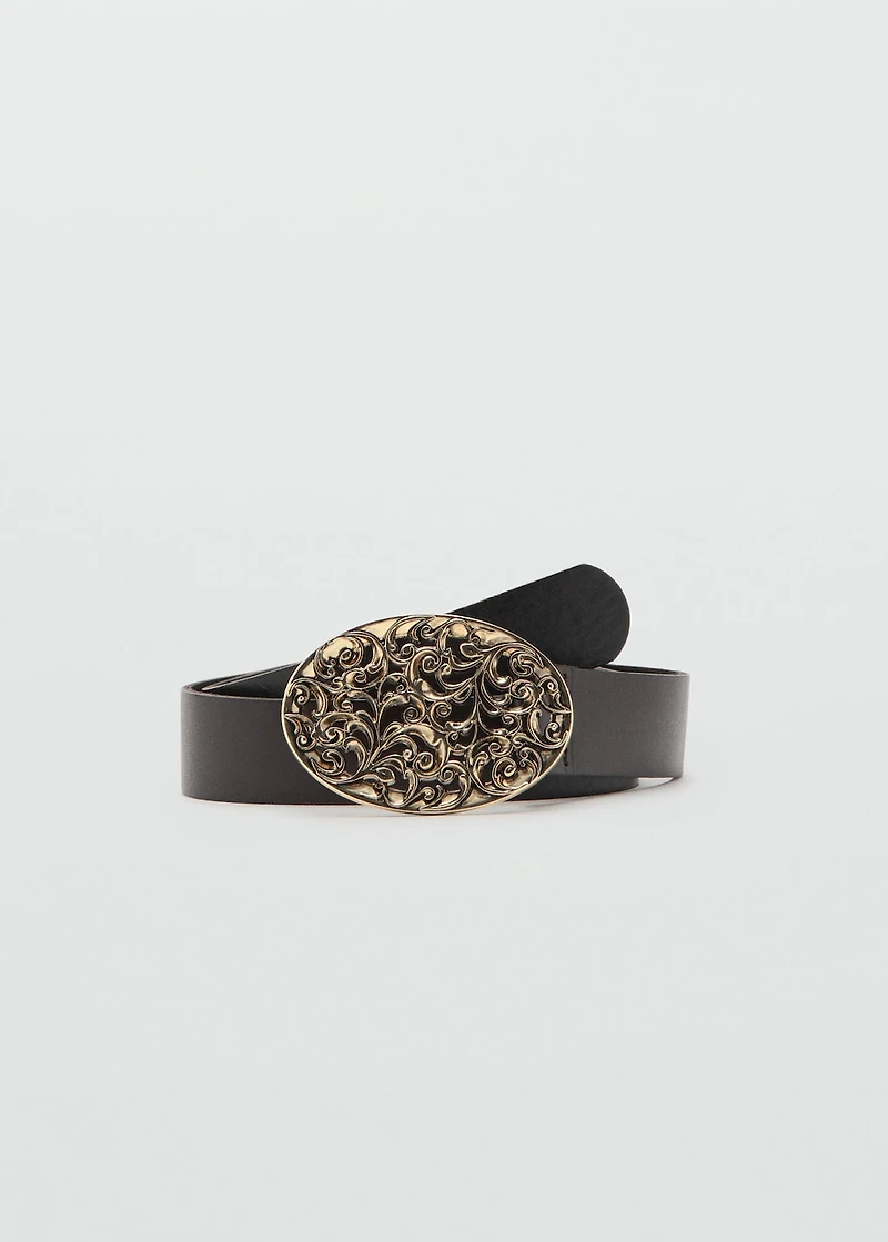 Engraved buckle leather belt