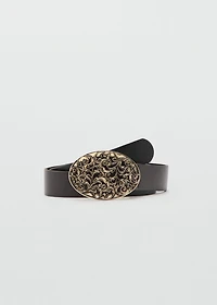 Engraved buckle leather belt