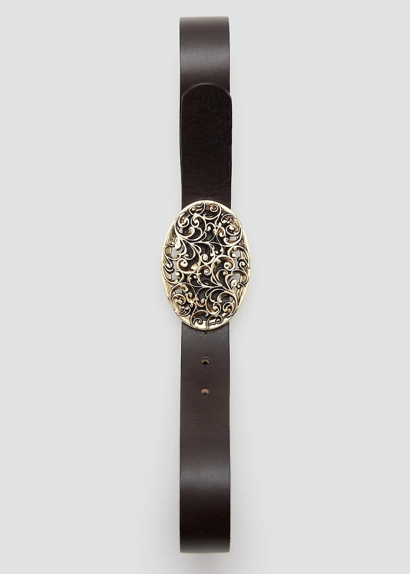 Engraved buckle leather belt