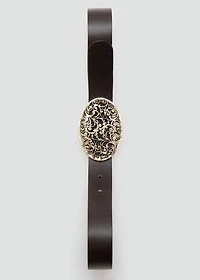 Engraved buckle leather belt