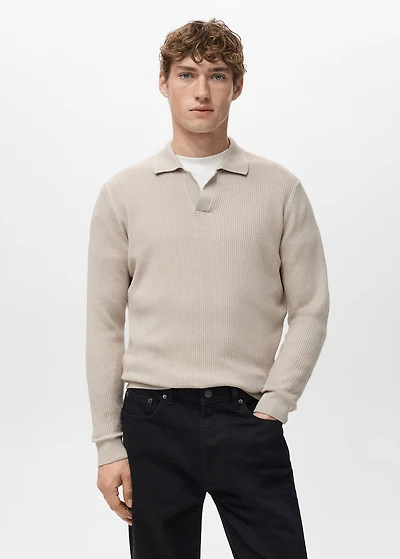 Cotton-blend ribbed polo sweater