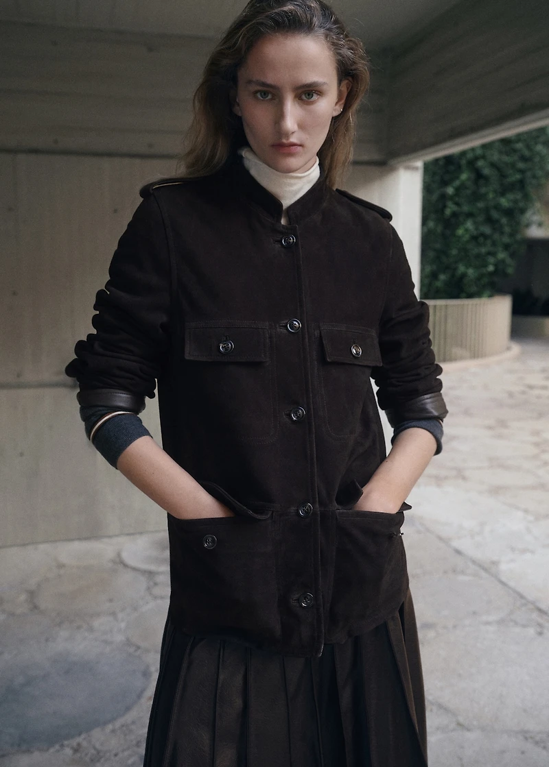 Suede jacket with band collar