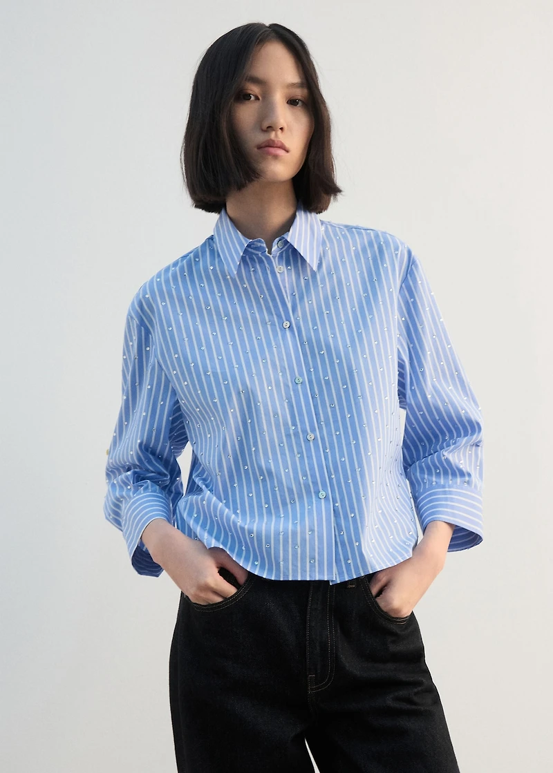 Striped crop blouse with rhinestones