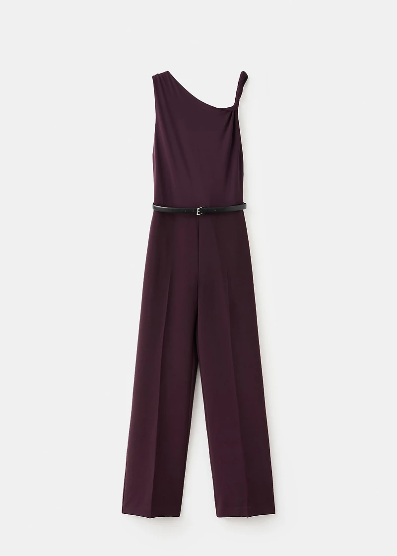 Jumpsuit with asymmetrical neckline and belt