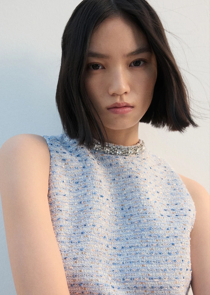 Tweed dress with rhinestone collar