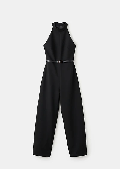 Halter-neck jumpsuit with belt