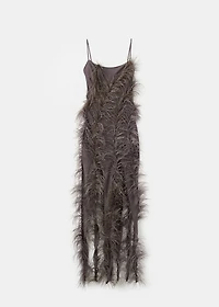 Feather dress with fringed hem