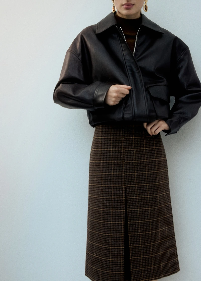 Wool-blend check midi-skirt