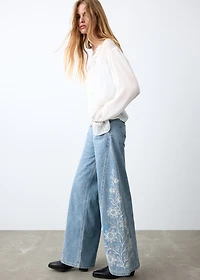 Flower-embroidered wide leg jeans