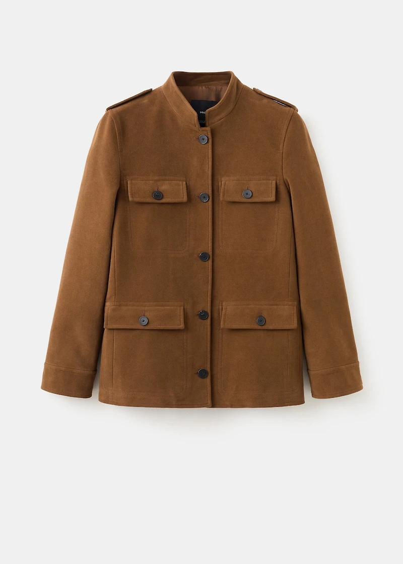 Collarless jacket with pockets