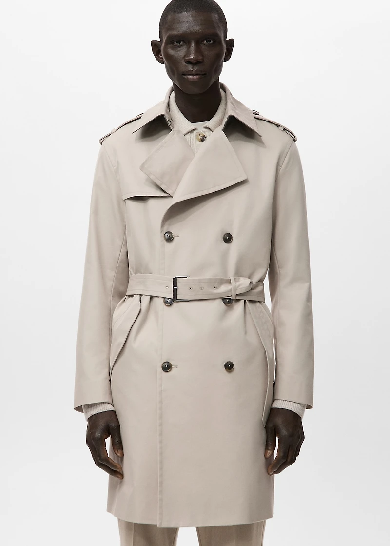 Water-repellent belted trench coat