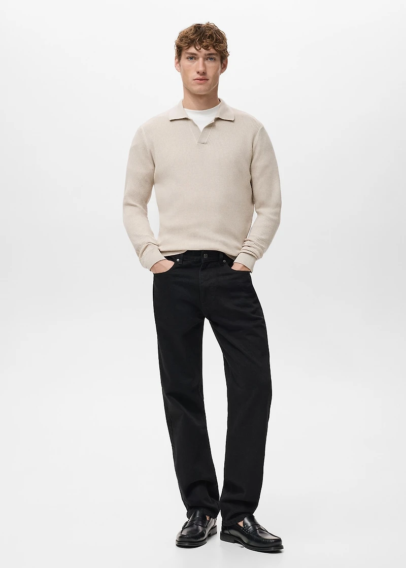 Cotton-blend ribbed polo sweater