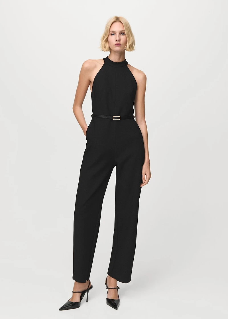 Halter-neck jumpsuit with belt
