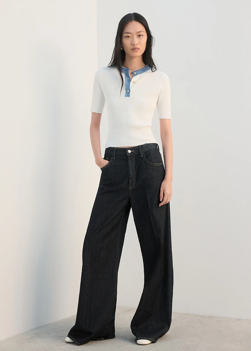 Contrast collar button sweater