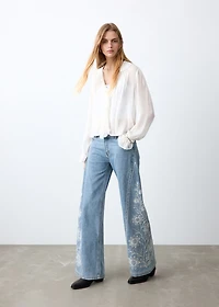 Flower-embroidered wide leg jeans