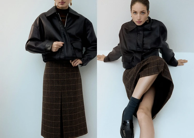 Wool-blend check midi-skirt