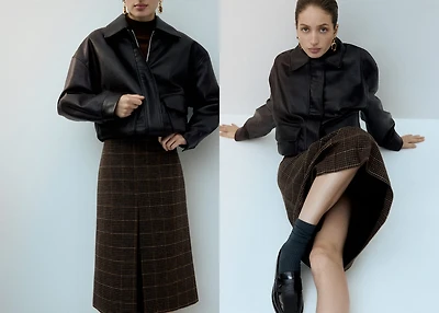 Wool-blend check midi-skirt