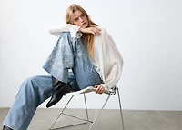 Flower-embroidered wide leg jeans