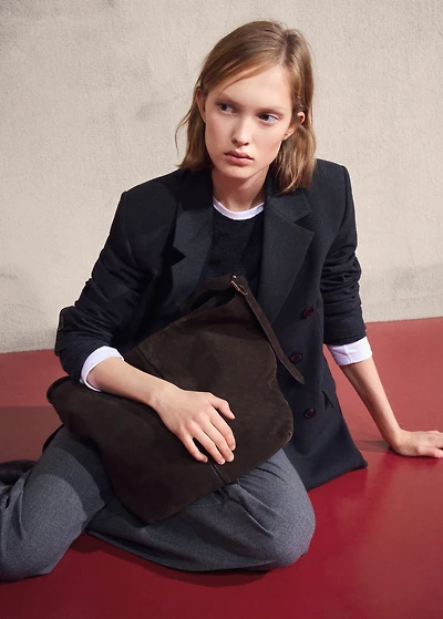 Large suede bucket bag with buckle