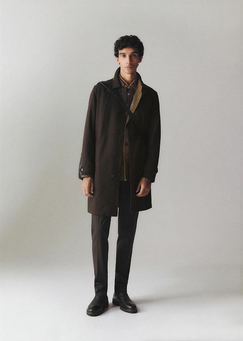 Reversible recycled wool trench coat