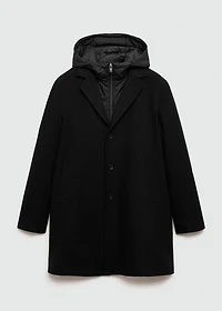Wool coat with quilted interior hood