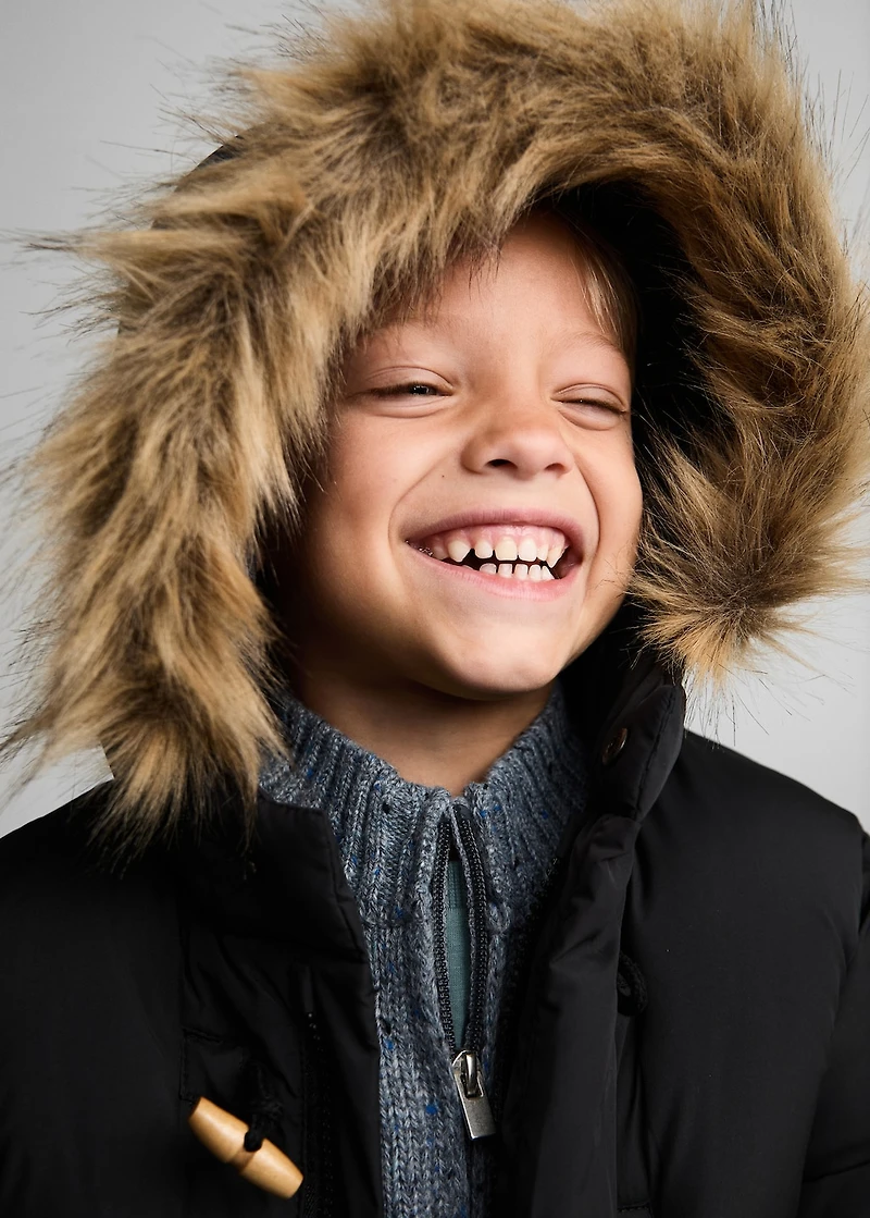 Puffer coat with fur-effect hood
