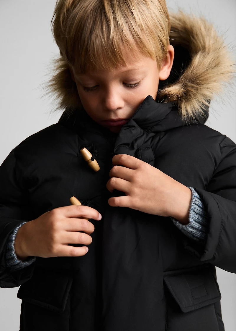 Puffer coat with fur-effect hood