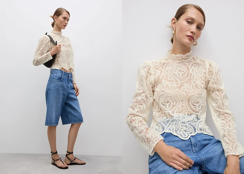 High-neck cotton lace blouse