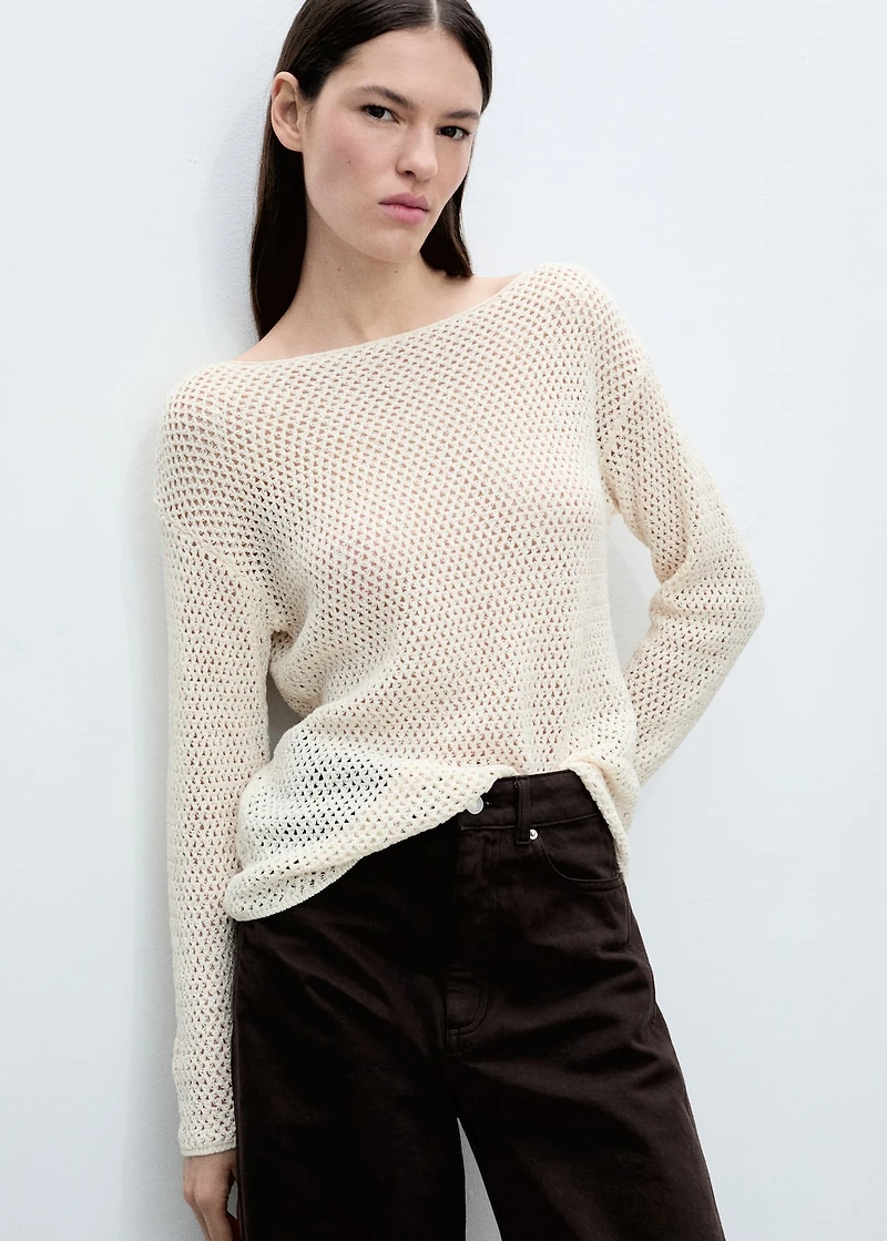 Knitted boat-neck sweater with lace pattern