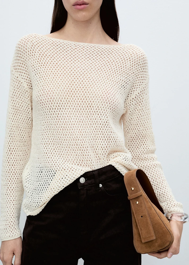 Knitted boat-neck sweater with lace pattern