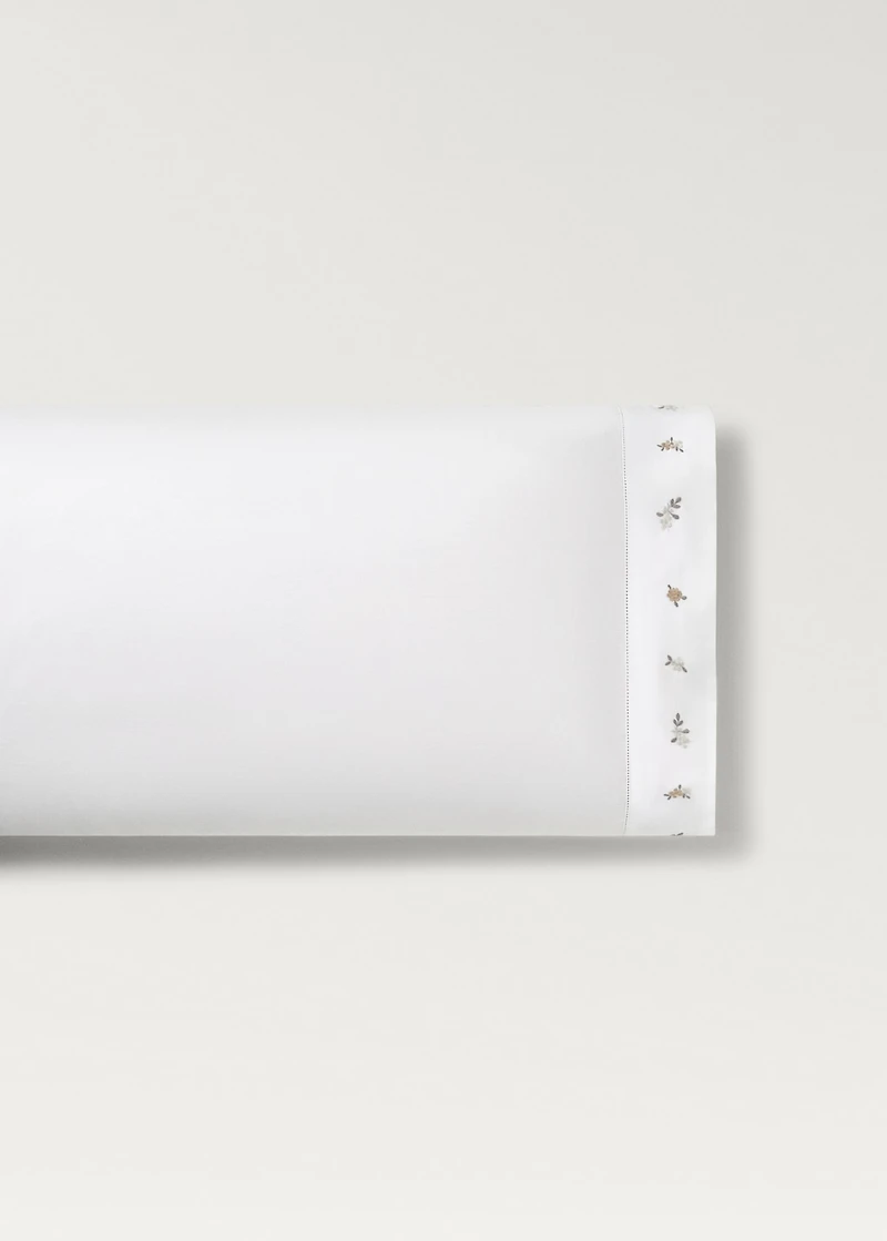 Percale cotton pillowcase with embroidered flower 45x110 cm