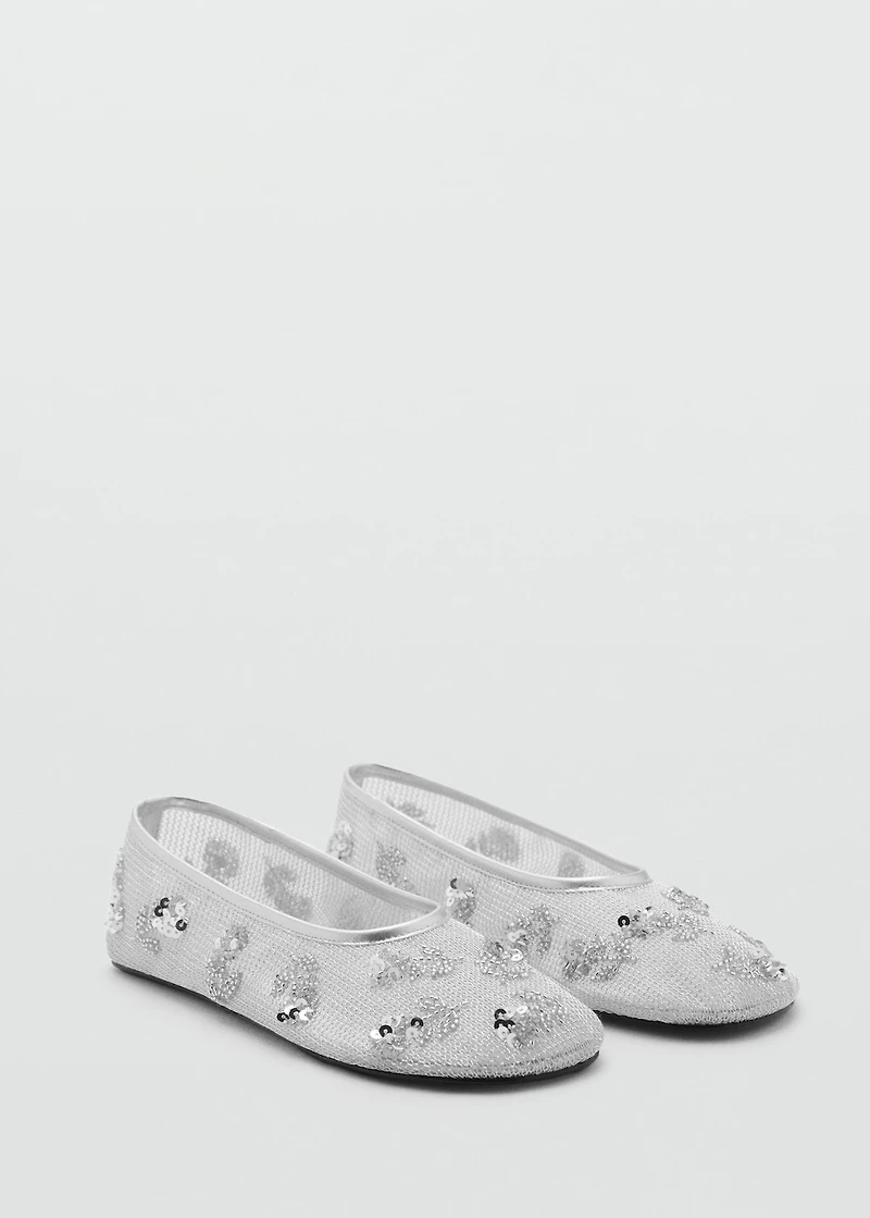 Sequin-embroidered mesh ballet flats