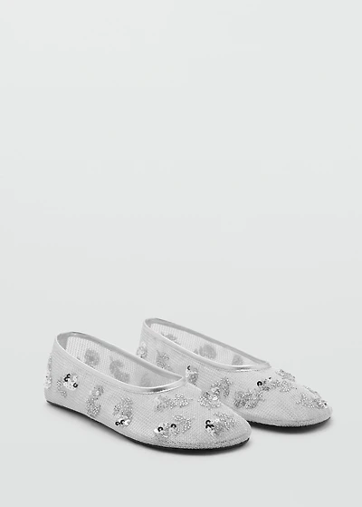 Sequin-embroidered mesh ballet flats