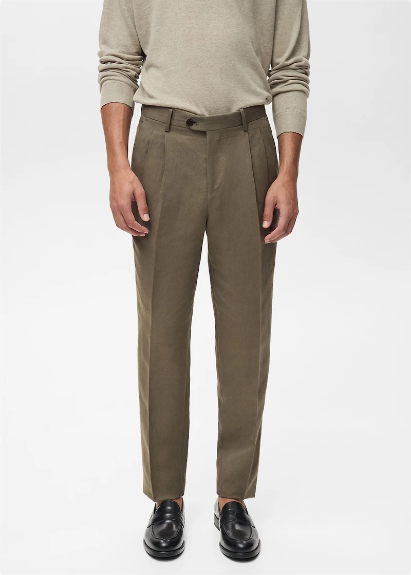 Slim-fit linen-blend pleated pants